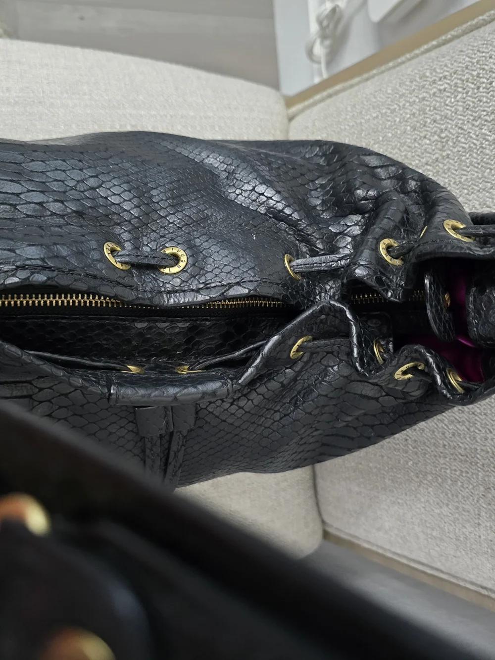 RARE Henri Bendel Python Embossed Leather Drawstring Hobo Bag - EUC